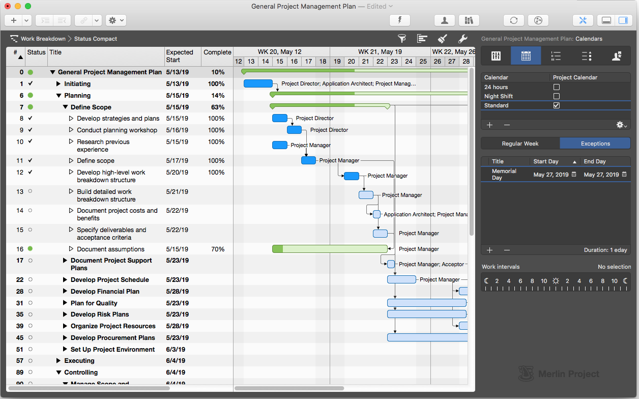 Days off as Exceptions in Merlin Project professional project management software on Mac and iPad