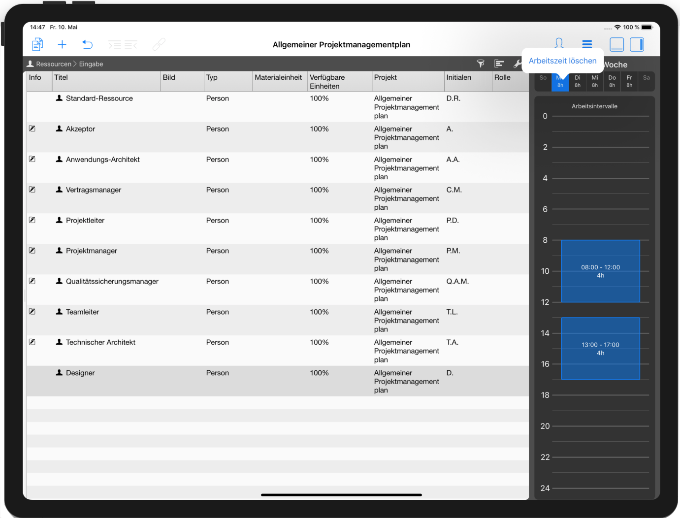 Arbeitszeiten Löschen in Ressourcen-Kalendar in Merlin Project professionelle Projektmanagement Software auf dem iPad