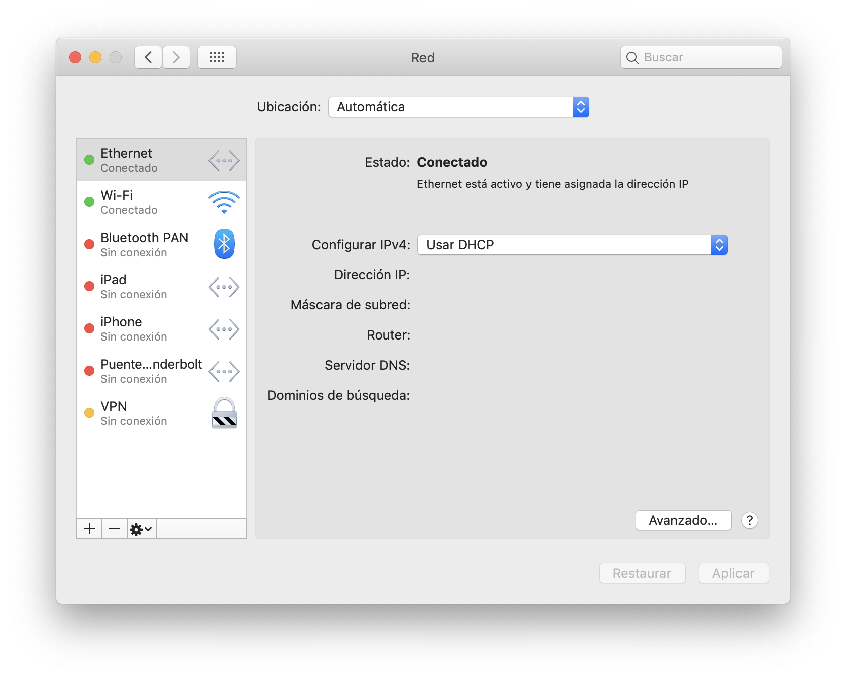Preferencia de sistema de red en macOS