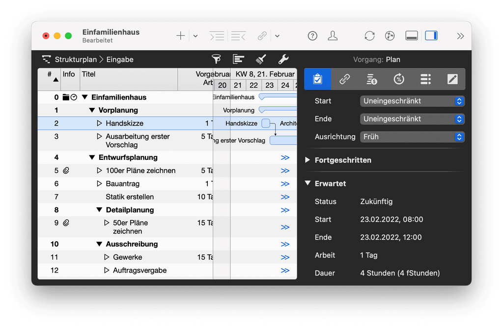 2.  Bauvorhaben dynamisch geplant und der Fertigstellungstermin automatisch von Merlin Project berechnet