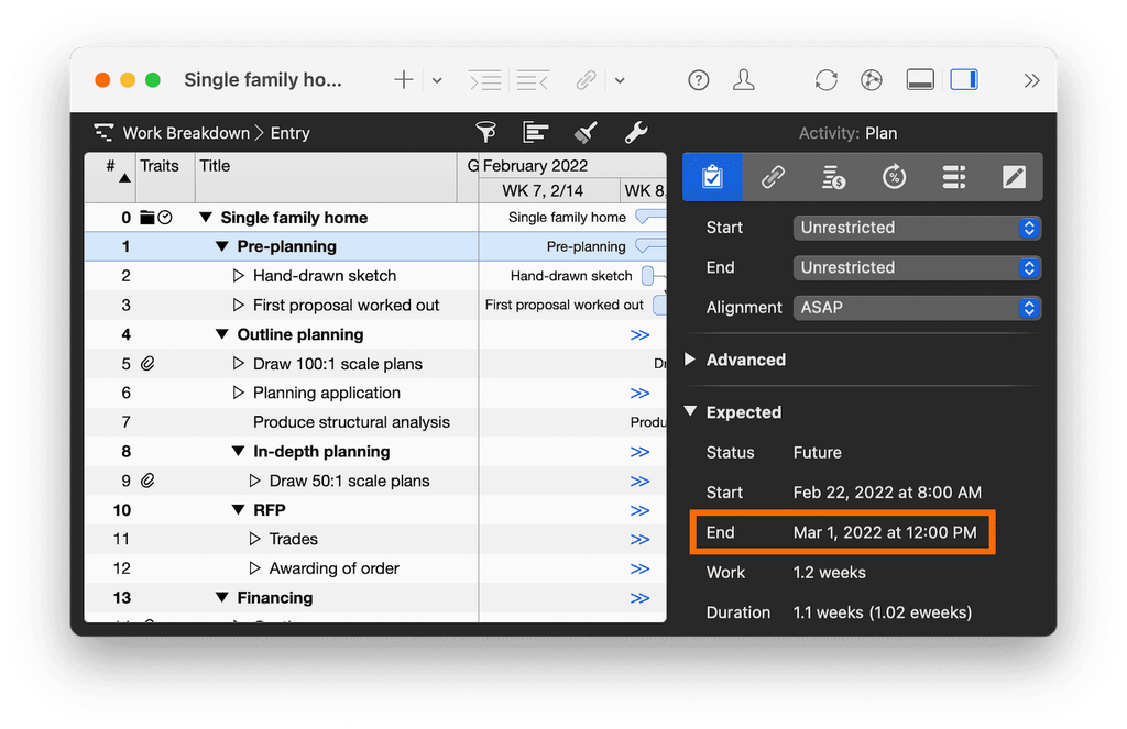 2.  Building projects dynamically planned and the completion date automatically calculated by Merlin Project