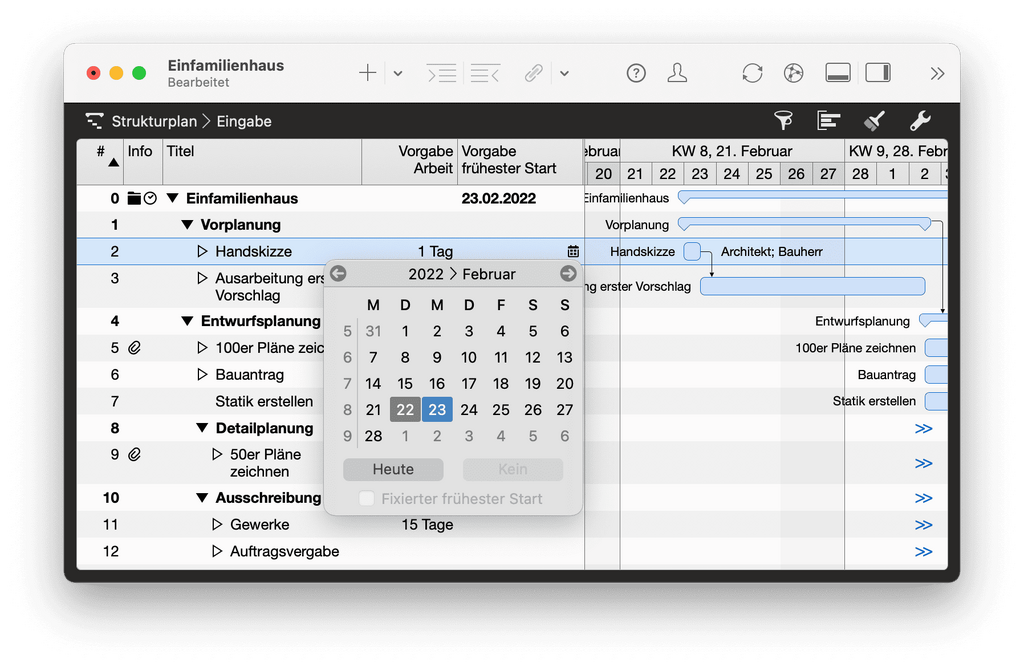 1. Termine, Dauern/Arbeit und sonstige Informationen in Merlin Project