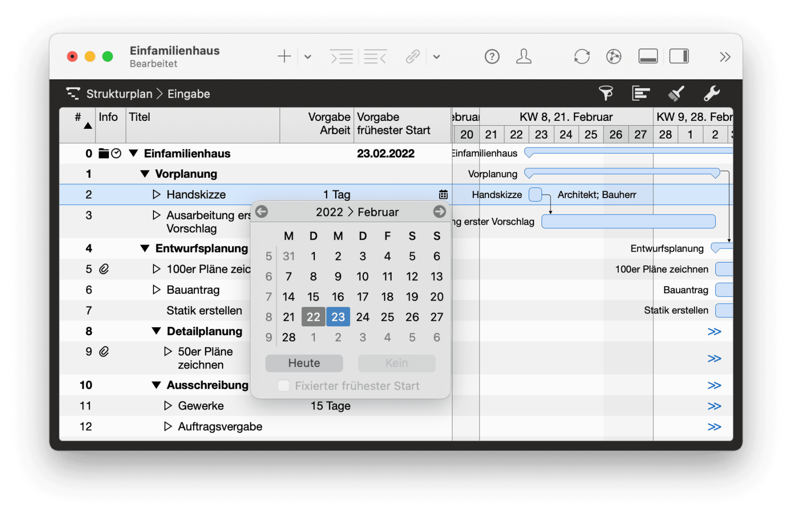 1. Termine, Dauern/Arbeit und sonstige Informationen in Merlin Project