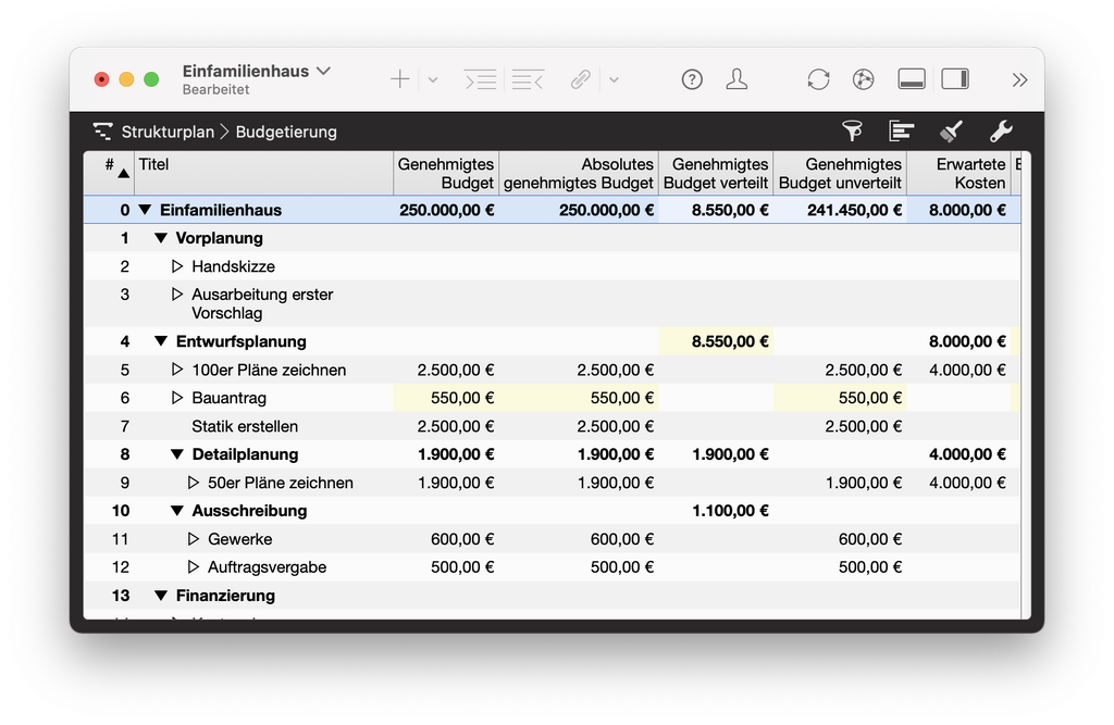 9. Kostenansichten für Materialkosten bus zu den Mehrkosten in Merlin Project