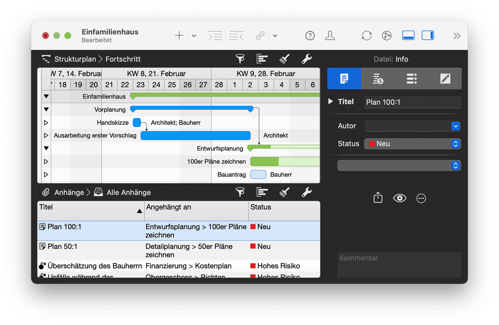 4. Balken, Abhängigkeiten und Anhängen mit weitere Informationen in Merlin Project