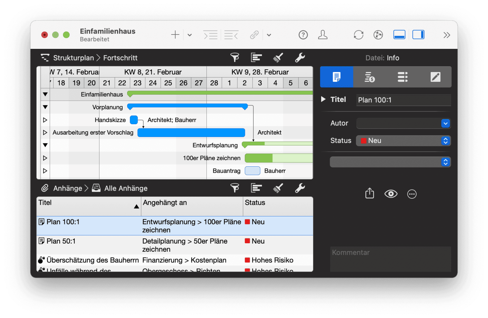 4. Balken, Abhängigkeiten und Anhängen mit weitere Informationen in Merlin Project