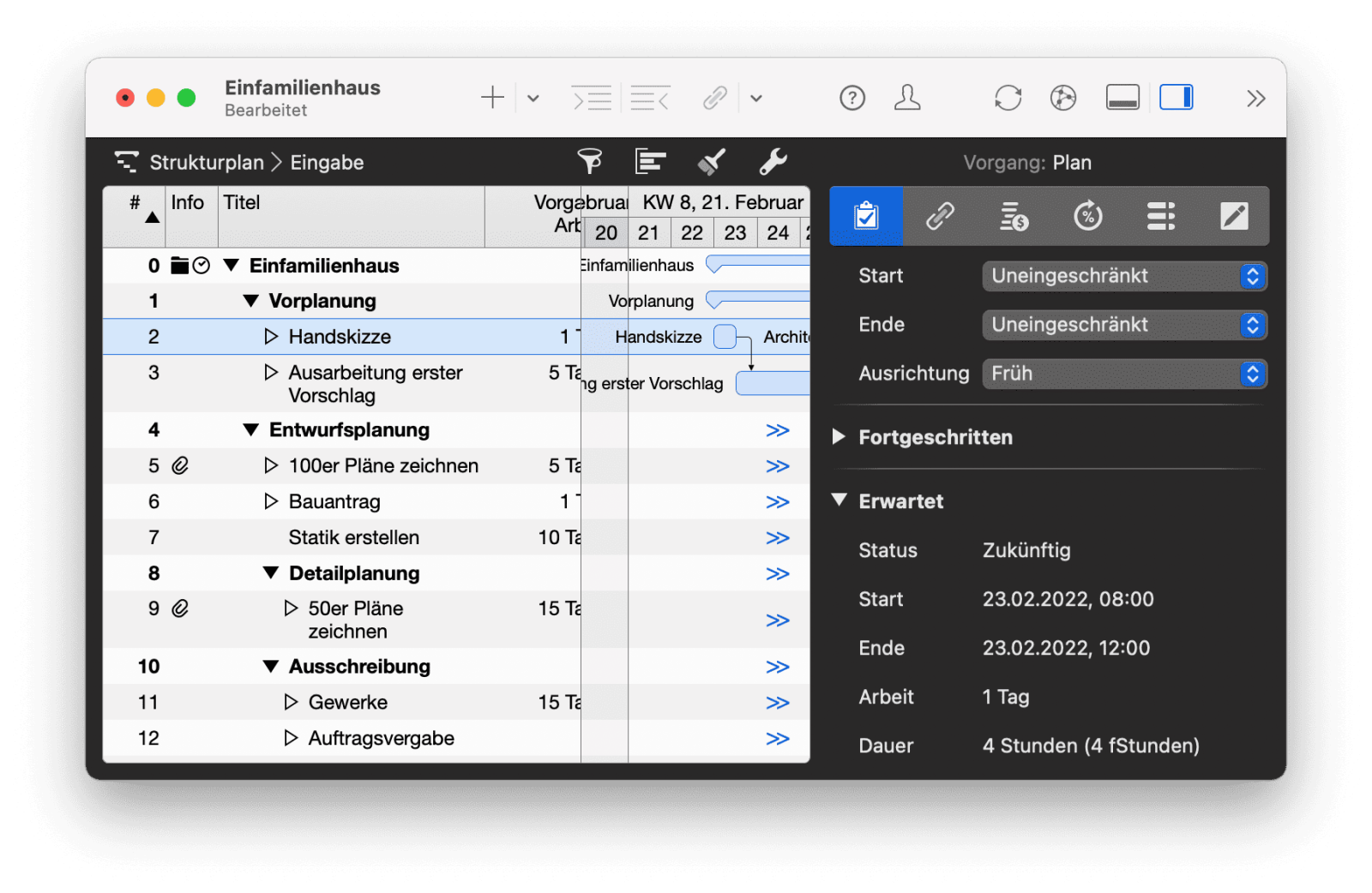 2.  Bauvorhaben dynamisch geplant und der Fertigstellungstermin automatisch von Merlin Project berechnet