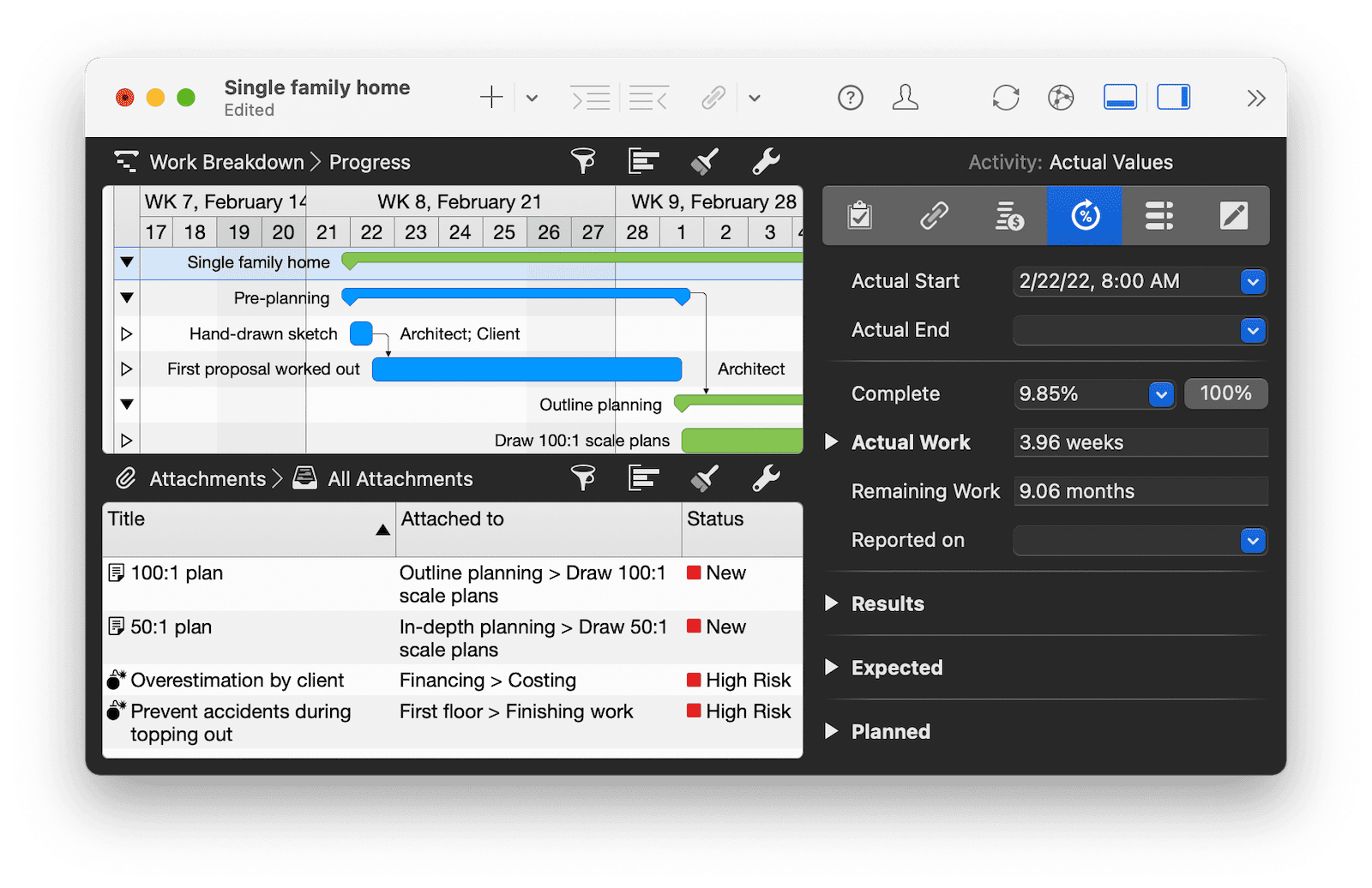 4. Bars, dependencies and attachments with more information in Merlin Project