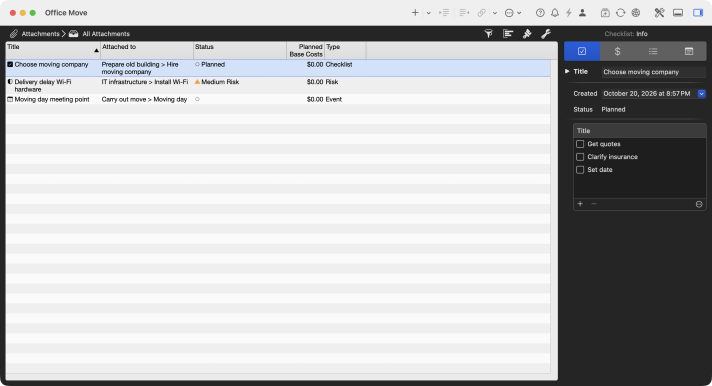 Attachments view in Merlin Project with a checklist, an event and a risk and the column Attached to