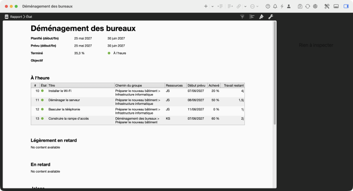 Rapport État du déménagement des bureaux avec en-tête du projet, Achevé 35,3 pour cent et le tableau À l'heure