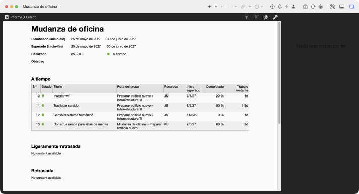 Informe Estado de la mudanza de oficina con la cabecera del proyecto, Completado 35,3 por ciento y la tabla A tiempo
