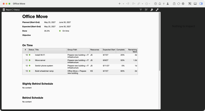 Status report of the office move in Merlin Project with project header, Complete 35.3 percent and the On Time table