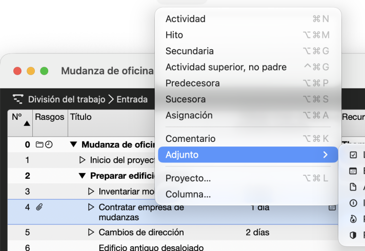 Menú Insertar con el submenú Adjunto abierto, con Lista de comprobación, Evento, Archivo, Información, Problema, Riesgo
