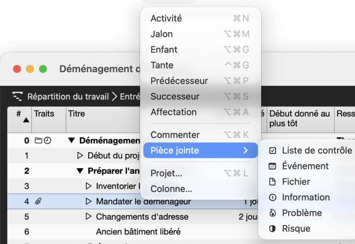 Menu Insertion avec le sous-menu Pièce jointe ouvert, avec Liste de contrôle, Événement, Fichier, Information, Problème, Risque