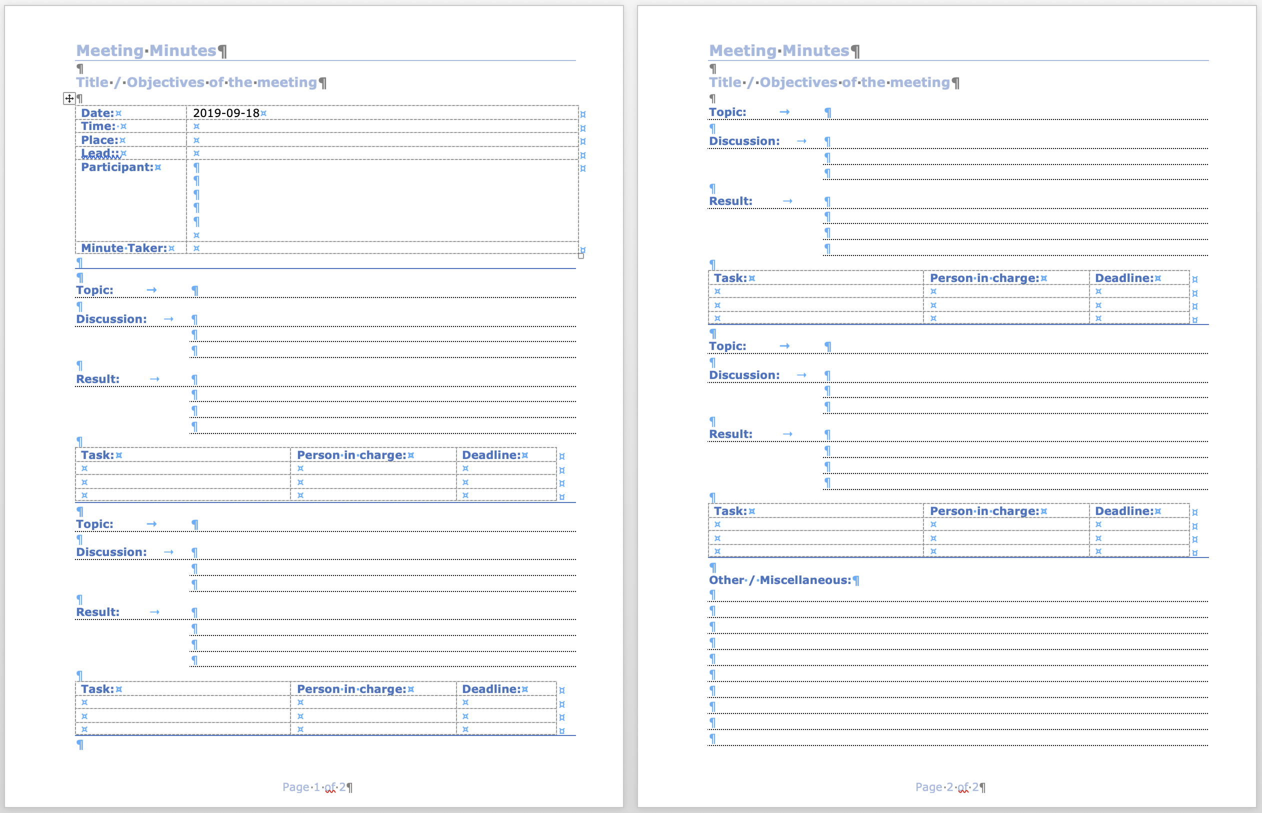 Template for Meeting Minutes Template for Meeting Minutes