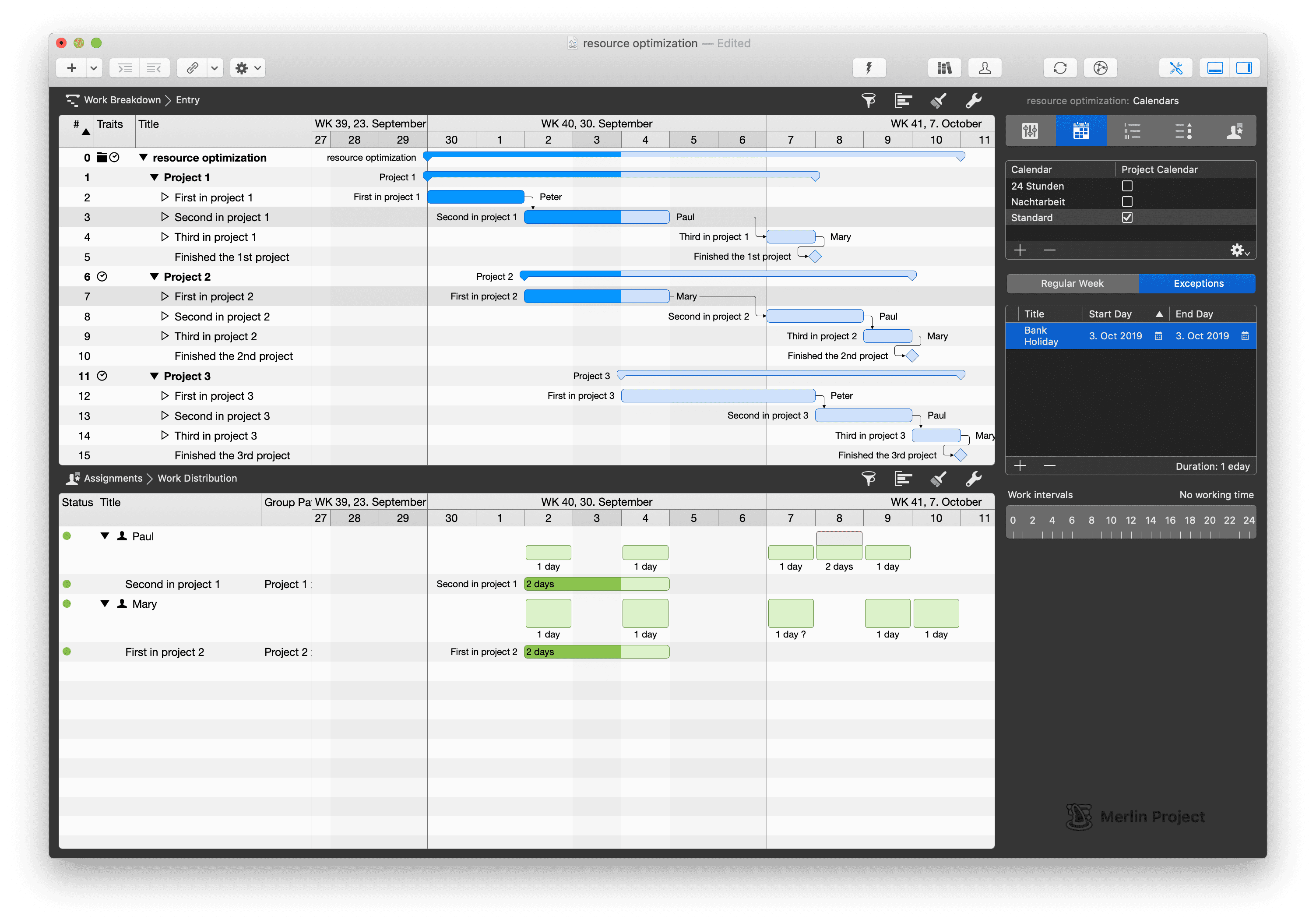 A bank holiday in the project is quickly inserted into Merlin Project