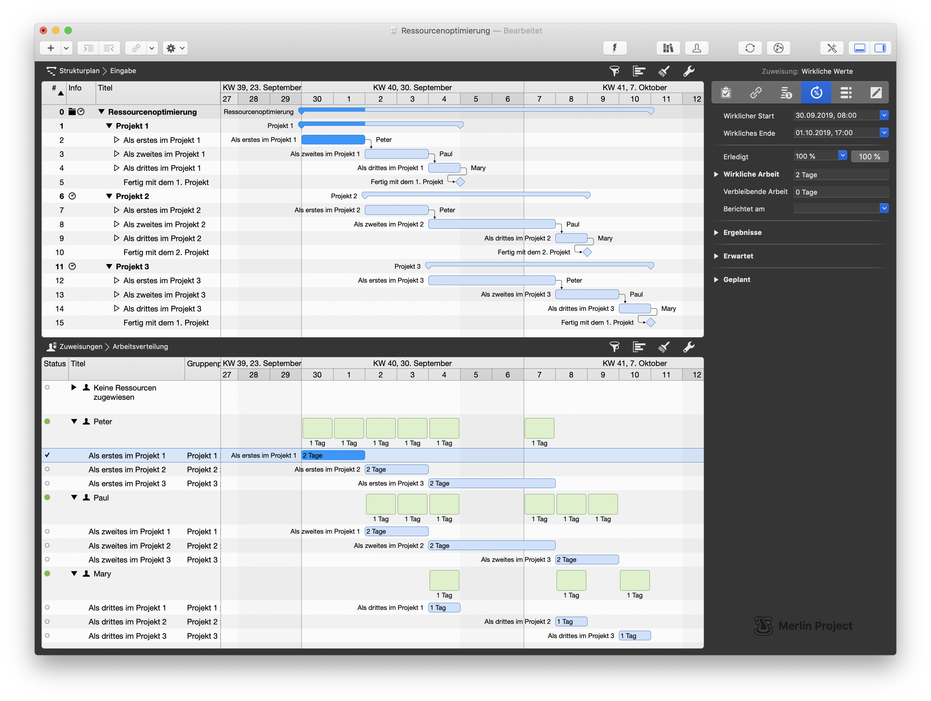 Die Multiansicht von Strukturplan und Arbeitsverteilung in Merlin Project