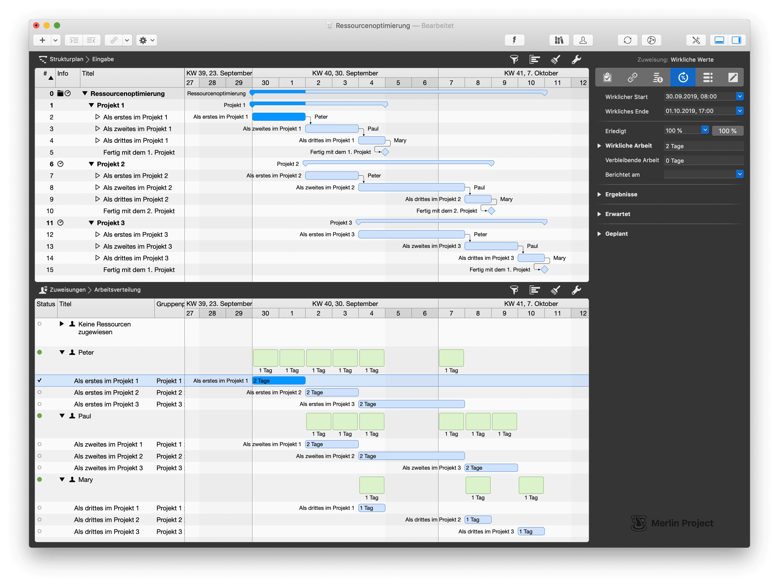 Die Multiansicht von Strukturplan und Arbeitsverteilung in Merlin Project Die Multiansicht von Strukturplan und Arbeitsverteilung in Merlin Project