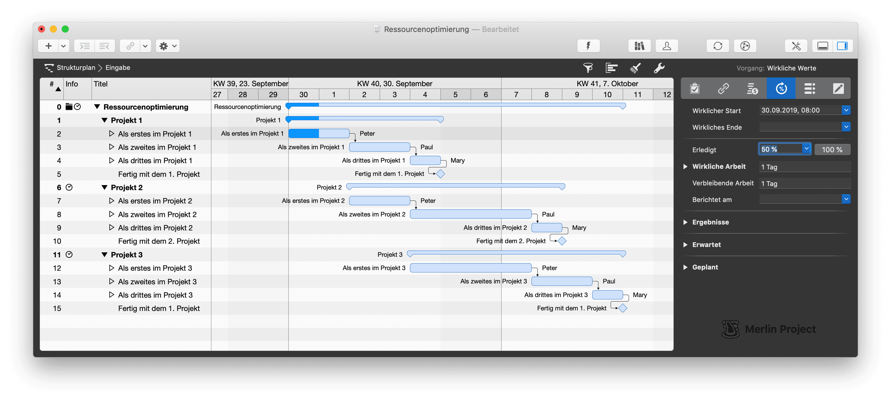 Der Fortschritt wird in Merlin Project dokumentiert Der Fortschritt wird in Merlin Project dokumentiert