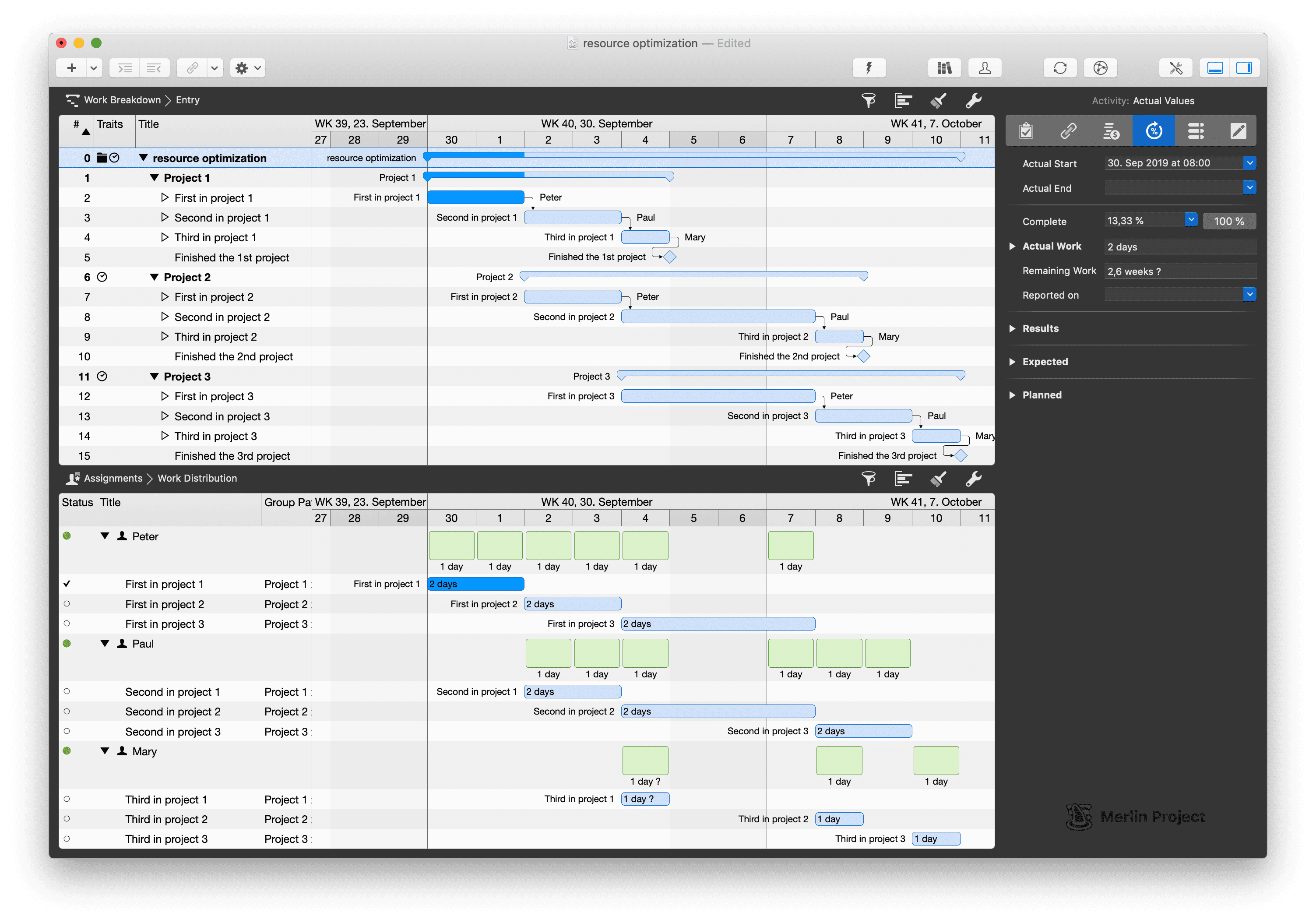 La vue multiple du plan de structure et de la répartition du travail dans Merlin Project La vue multiple du plan de structure et de la répartition du travail dans Merlin Project