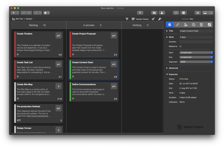 Das Kanbanboard von Merlin Project 6 im Dunkelmodus Das Kanbanboard von Merlin Project 6 im Dunkelmodus