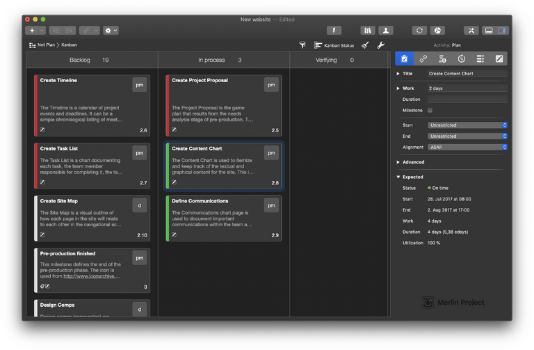 Das Kanbanboard von Merlin Project 6 im Dunkelmodus