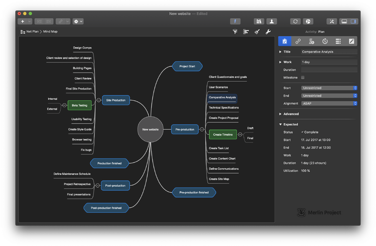 Die Mindmap von Merlin Project 6 im Dunkelmodus