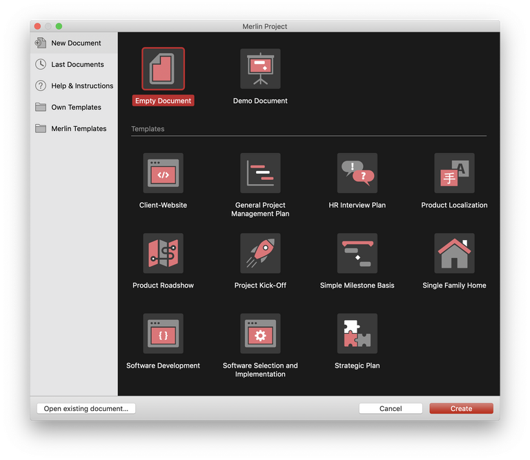The new start dialog of Merlin Project 6 with red accent color The new start dialog of Merlin Project 6 with red accent color