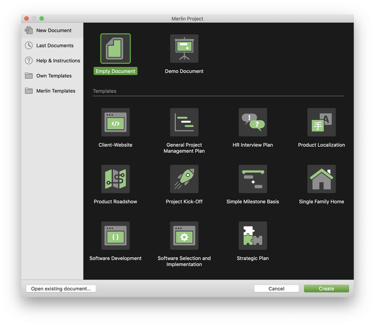 The new start dialog of Merlin Project 6 with green accent color The new start dialog of Merlin Project 6 with green accent color