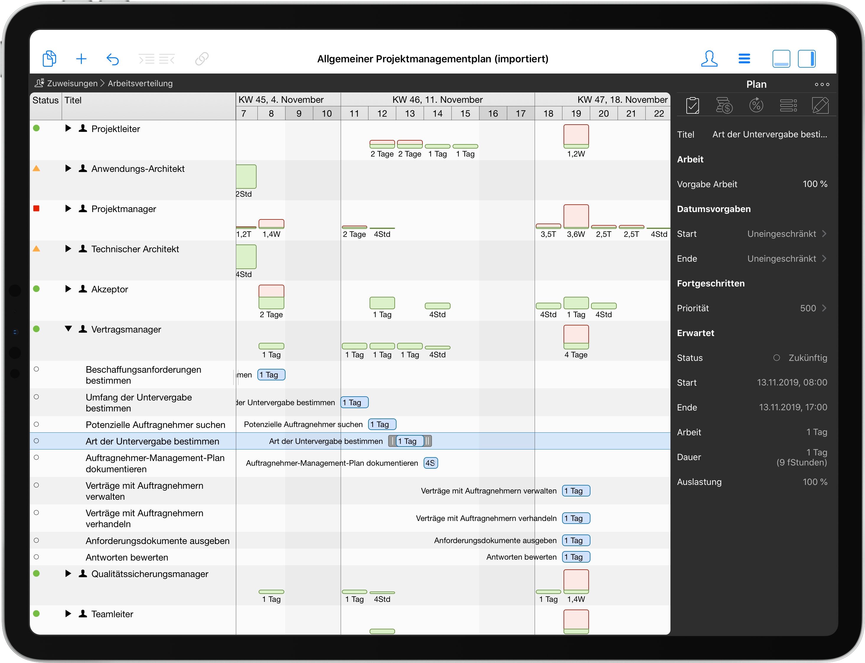Auslastungsansicht in Merlin Project auf dem iPad