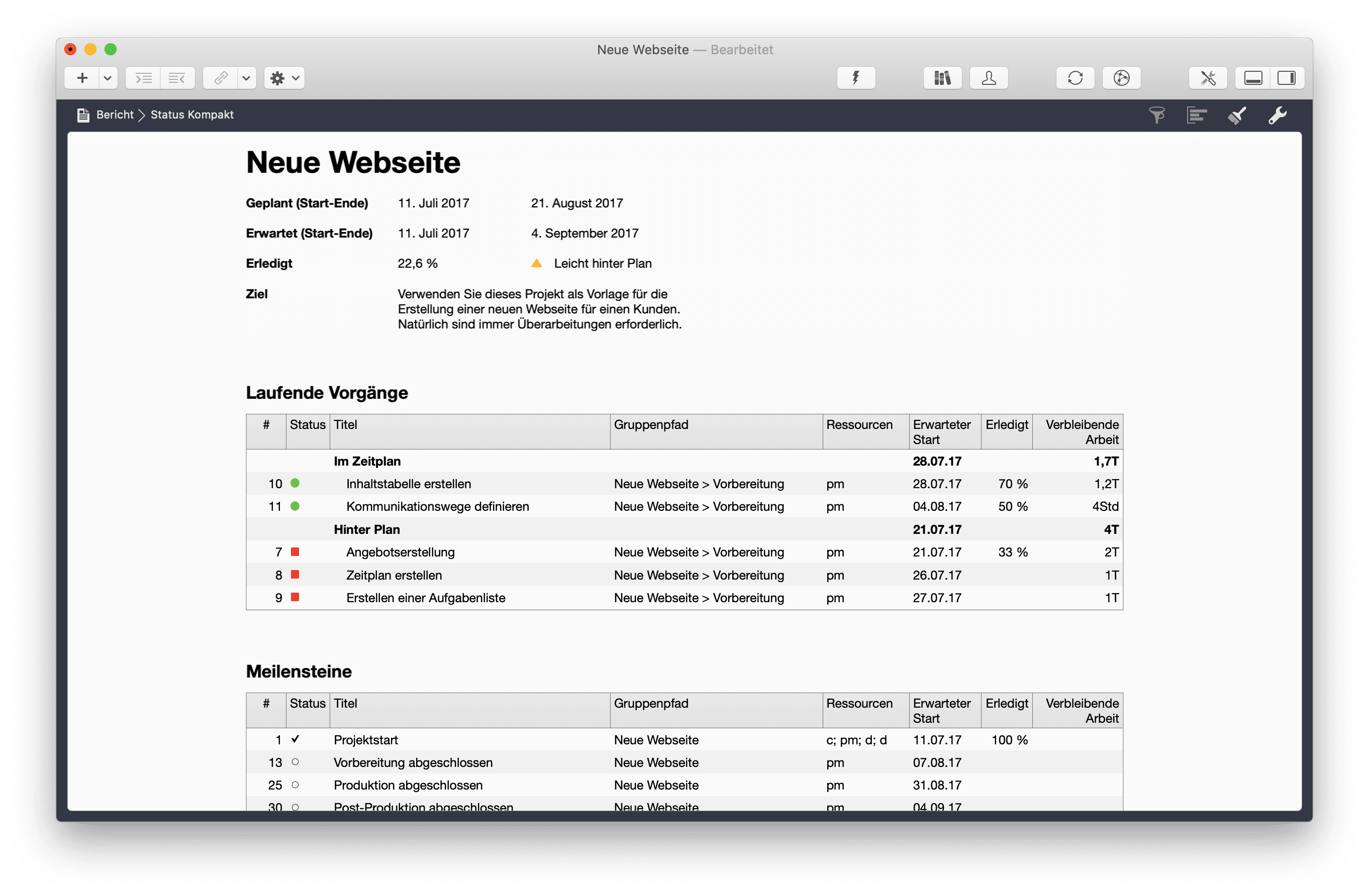Projektstatus in Merlin Project Projektstatus in Merlin Project