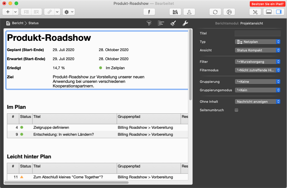 Merlin Project - Berichtsmodul referenziert  Netzplan Ansicht