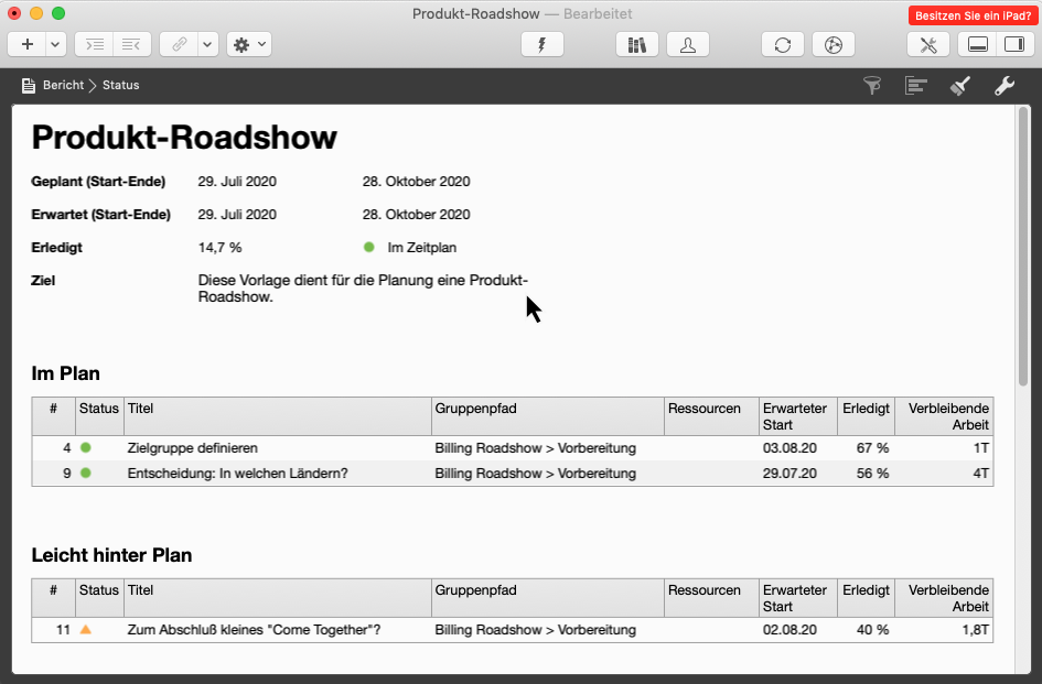 Merlin Project - Berichtsansicht einer Vorlage