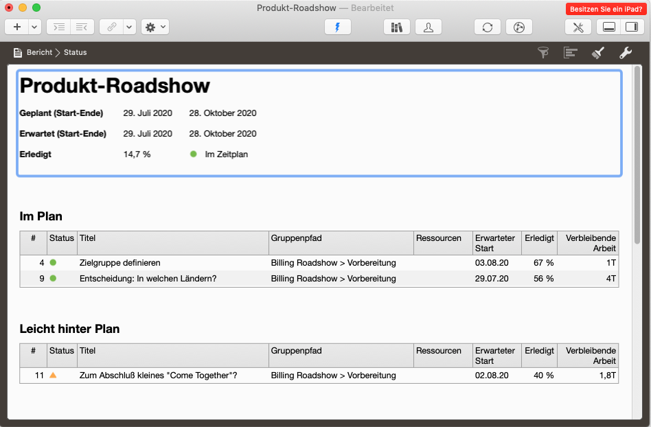 Merlin Project - Berichtsansicht ohne Zielinformation