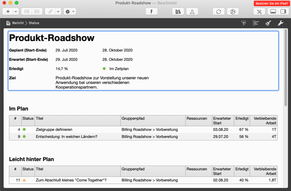 Merlin Project - Berichtsansicht mit aktualisierter Zielinformation