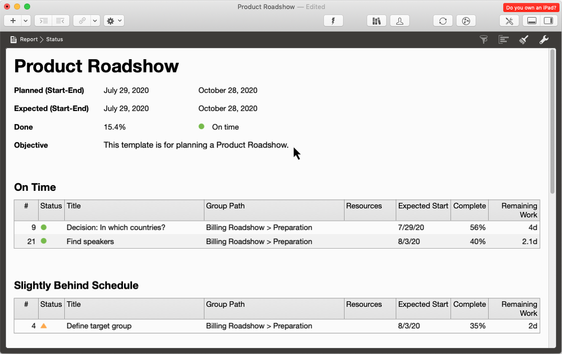 Merlin Project - report view of a template Merlin Project - report view of a template