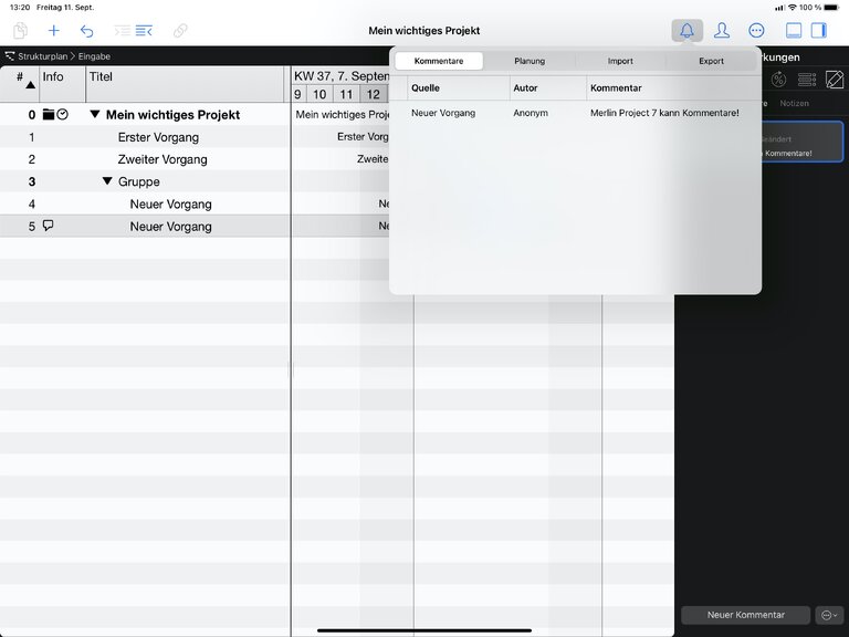 Die Warnungen in Merlin Project 7 auf dem iPad Die Warnungen in Merlin Project 7 auf dem iPad