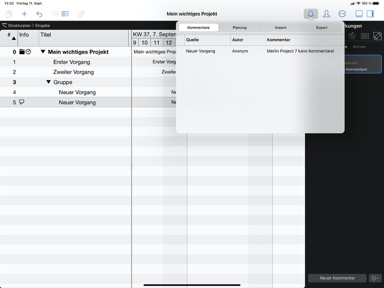Die Warnungen in Merlin Project 7 auf dem iPad Die Warnungen in Merlin Project 7 auf dem iPad