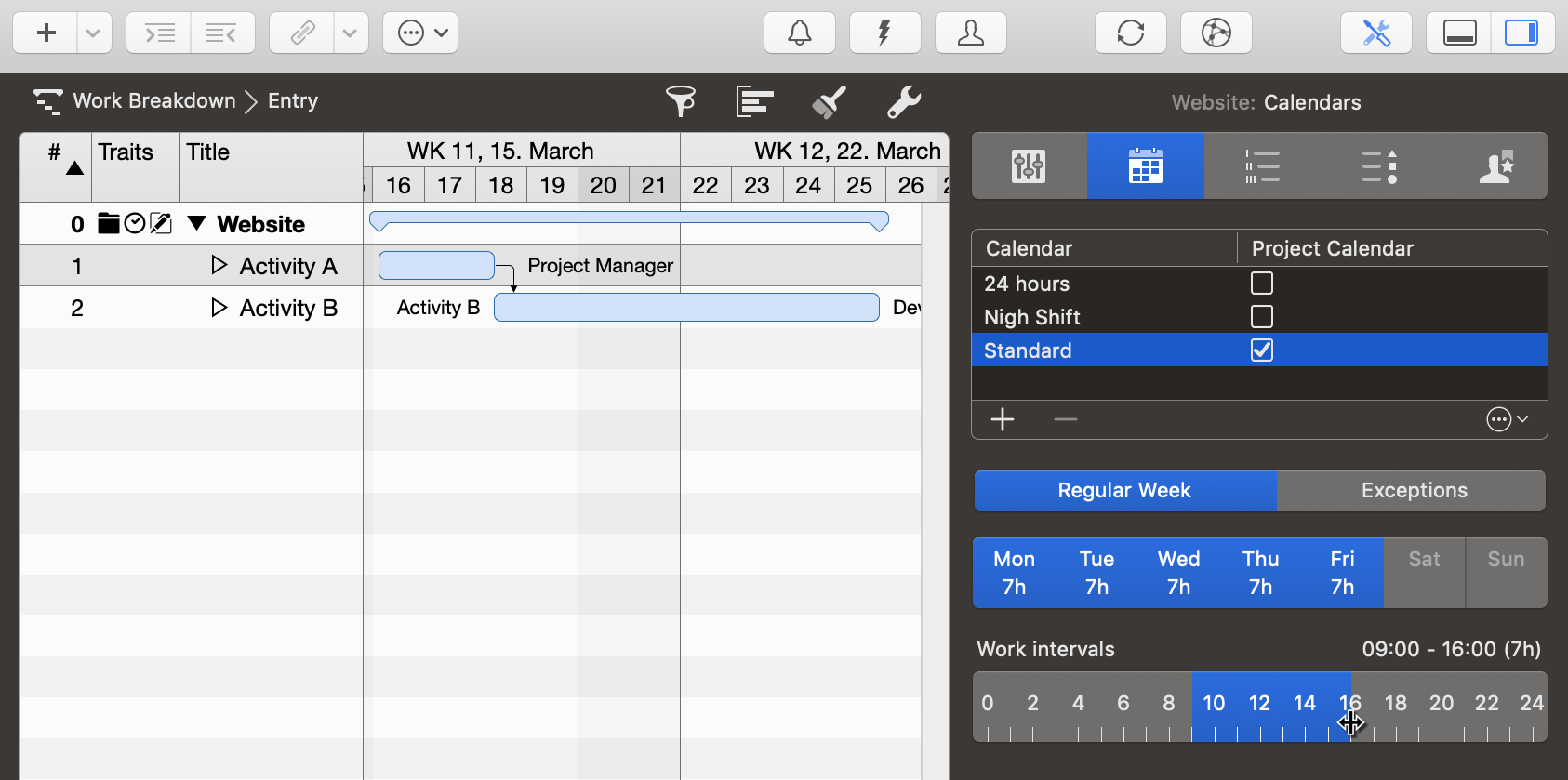 Standard Calendar by changed work intervals