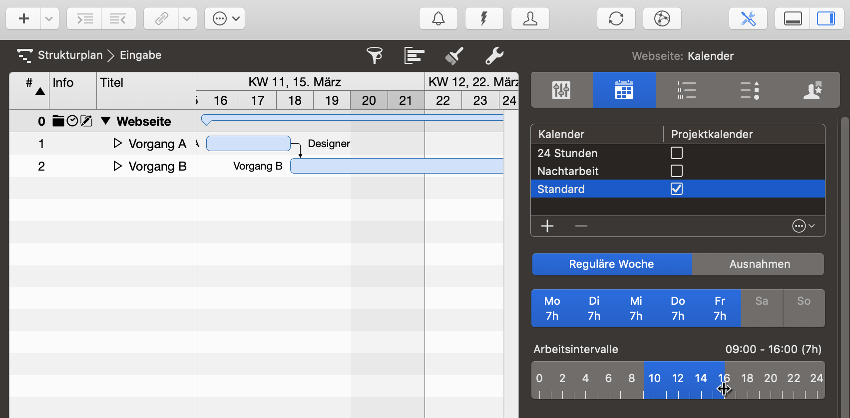 Standardkalender mit angepassten Arbeitszeitintervallen
