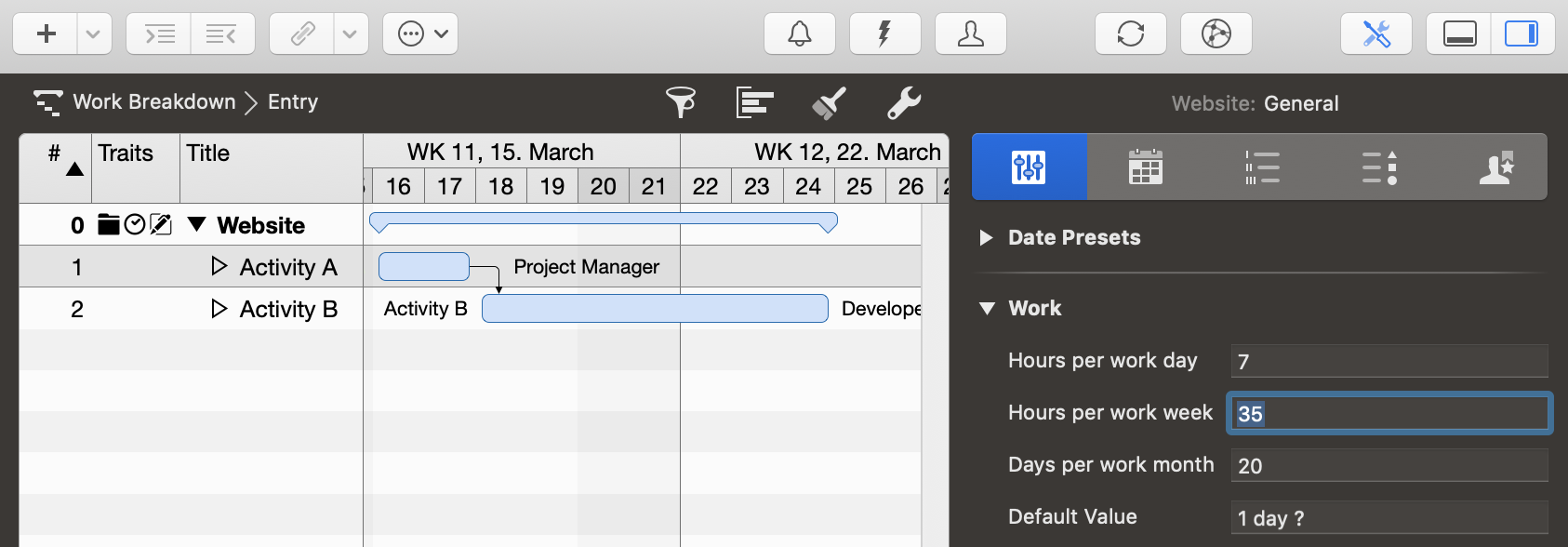 Project Settings - General - Work