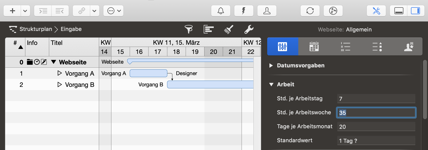 Projekteinstellungen - Allgemein - Arbeit