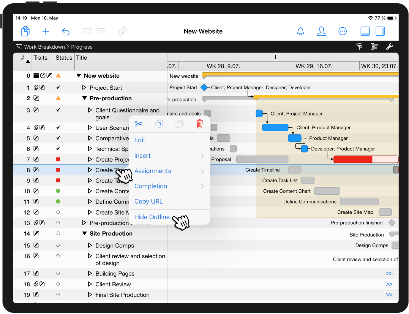 Concentrate on the Gantt of your project on the iPad