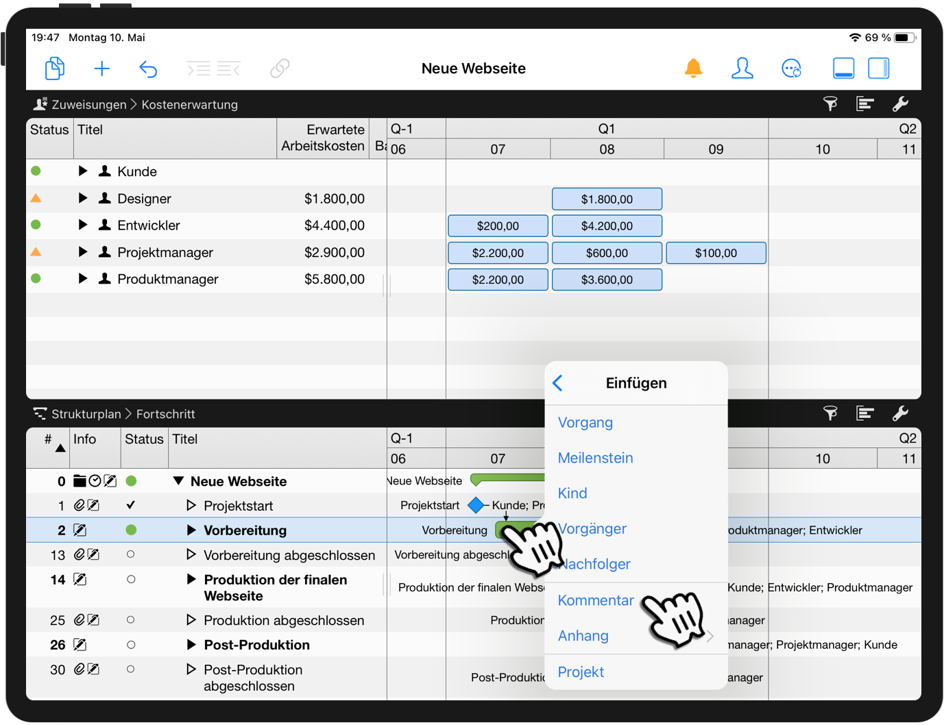 Arbeiten Sie in der Detailansicht an Ihrem Projekt auf dem iPad