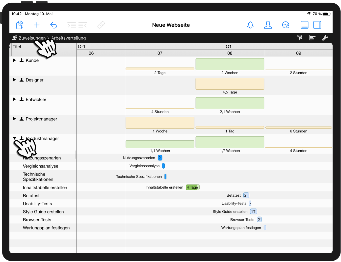 Übersicht und Kontrolle der Zuordnungen Ihres Projekts auf dem iPad