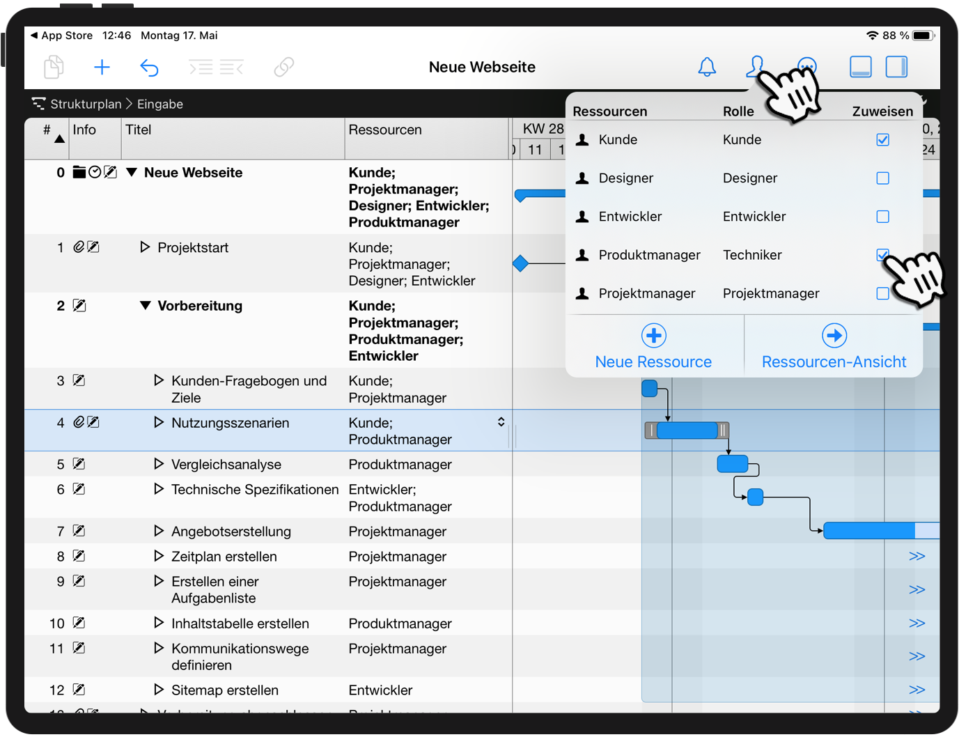 Neue Ressourcen einfügen und Zuweisungen definieren auf dem iPad