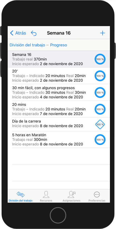 Actividades de la semana en la aplicación iOS de Merlin Project en el iPhone