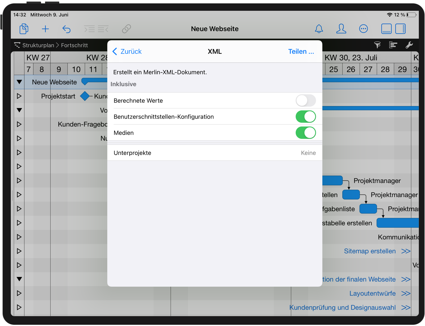 Merlin-Projekt auf dem iPad: XML exportieren
