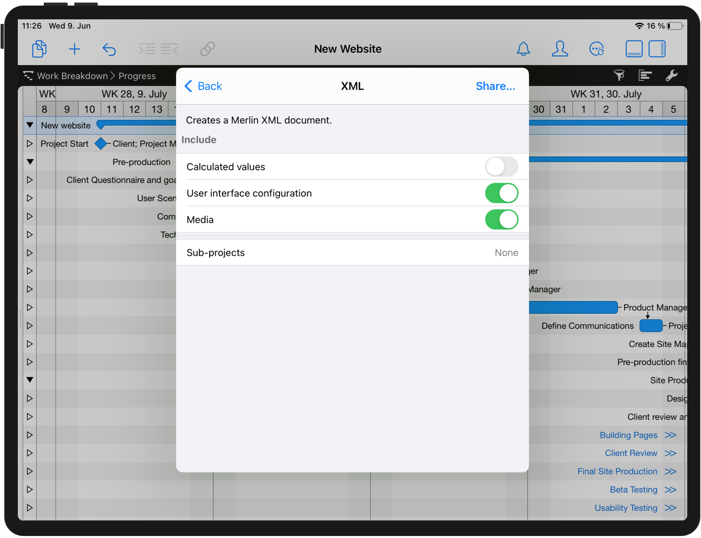 Merlin Project on iPad: Export XML