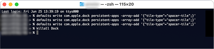 Insertion de trois espaces via le Terminal